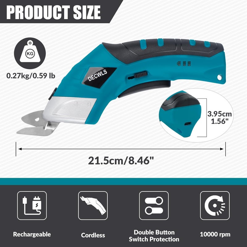 Decwls Cordless Electric Scissors for Fabric with 3 Blades, 4V Rechargeable Powerful Shears with Safety Lock Suitable, Cardboard Scissor Cutting Tool for Carpet Fabric Cardboard Leather -Blue - Image 2